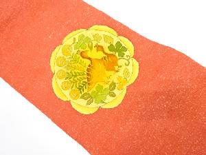 節紬　手描き　絵皿に花鳥模様　名古屋帯